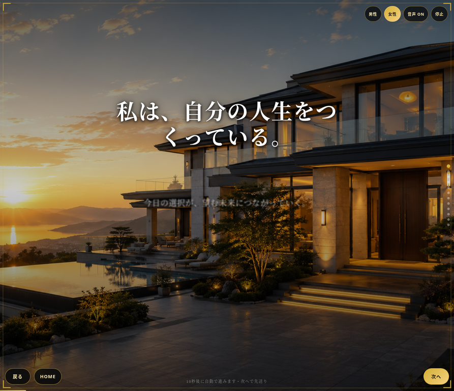 実production APKのフレーズ画面。私は、自分の人生をつくっている。のフレーズ、進行ドット、戻る、HOME、次への操作が表示されている。